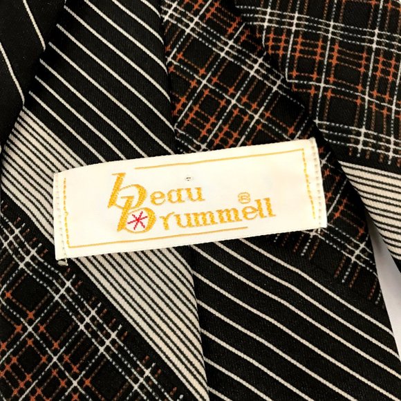 Beau Brummell 1970's Mod Brown Necktie, Thin White Stripes Orange Tie, 4in wide - Picture 5 of 5
